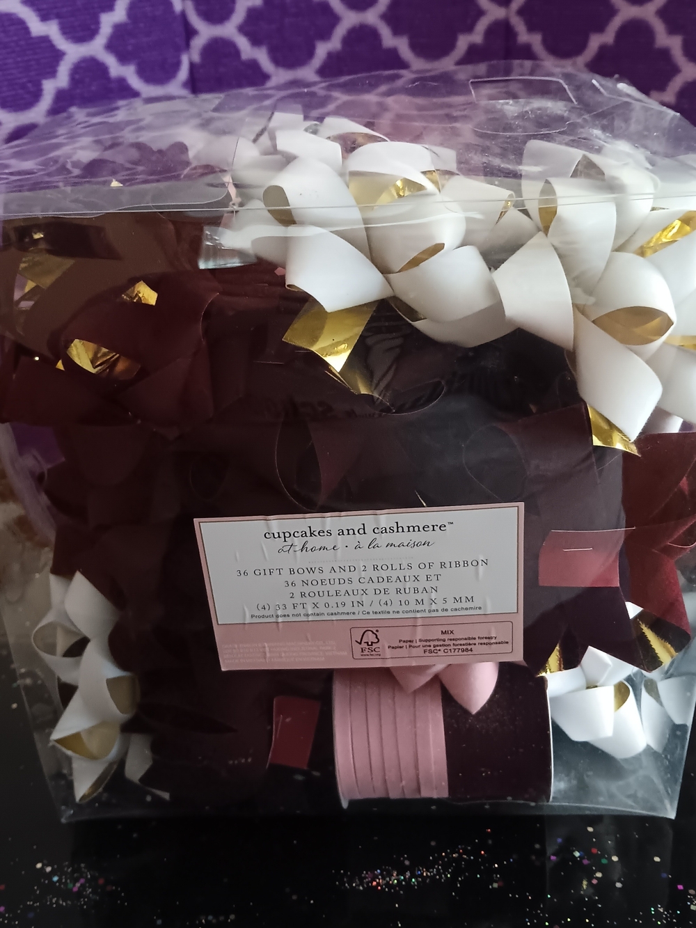 cupcakes & cashmere White and Burgundy Gift Bows with Gold Accents